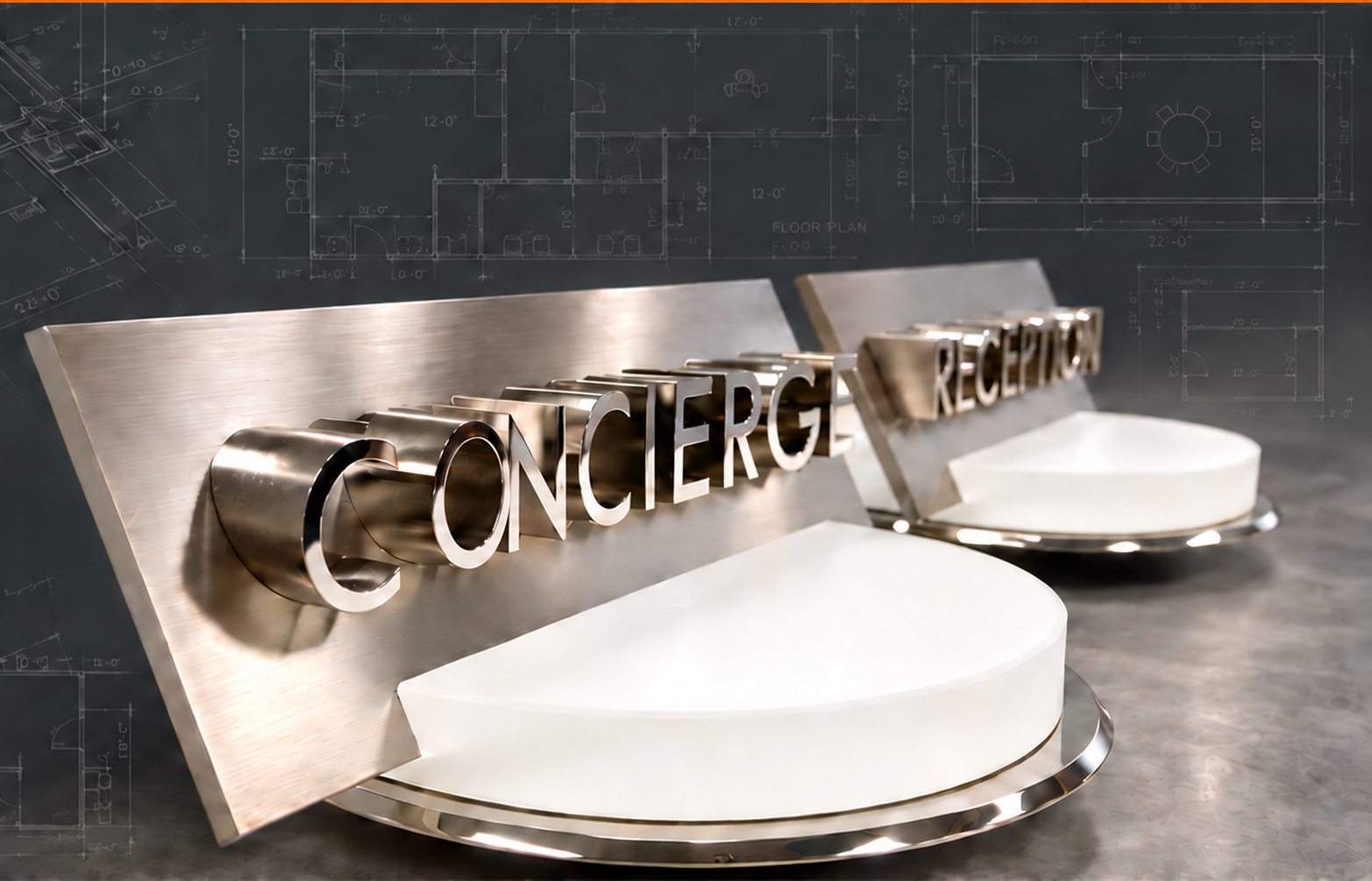 Brushed aluminum concierge and reception signs with curved white bases